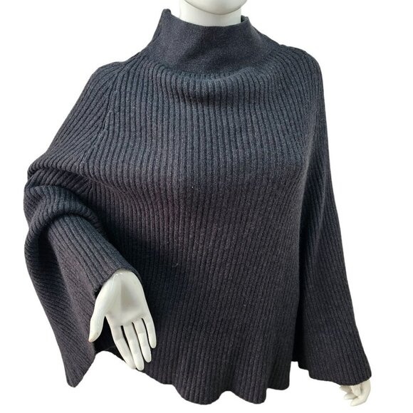 Keyingyi Cashmere Blnd Rib Knit Poncho Sweater High Neck Womens OS Charcoal Gray - Picture 2 of 7